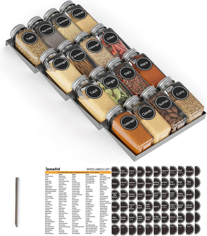 Spice Drawer Organizer with 28 Spice Jars, 386 Spice Labels, 4 Tier Seasoning Rack Tray Insert for Kitchen Drawers, 13" Wide x 17.5" Deep