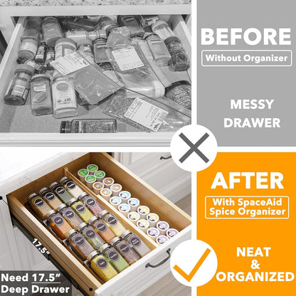 Spice Drawer Organizer with 28 Spice Jars, 386 Spice Labels, 4 Tier Seasoning Rack Tray Insert for Kitchen Drawers, 13" Wide x 17.5" Deep