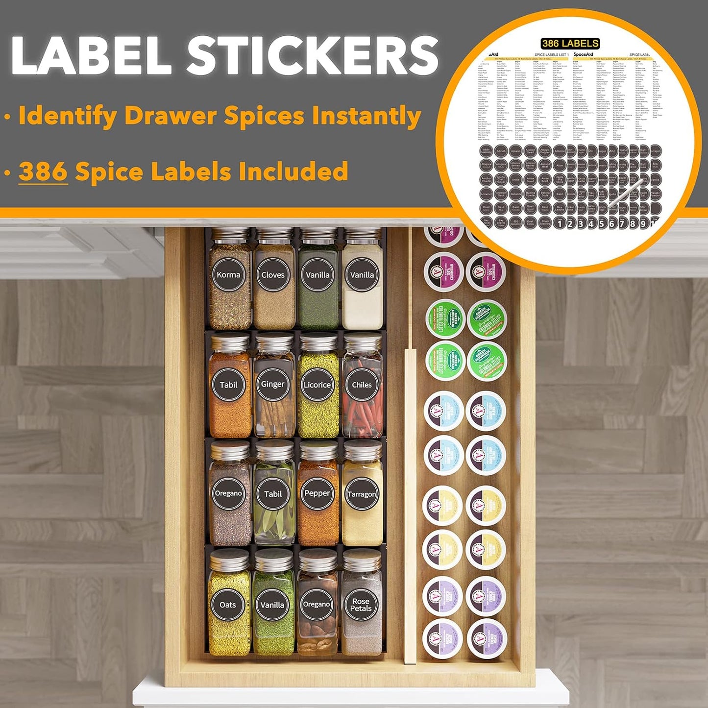 Spice Drawer Organizer with 28 Spice Jars, 386 Spice Labels, 4 Tier Seasoning Rack Tray Insert for Kitchen Drawers, 13" Wide x 17.5" Deep