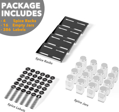 Spice Drawer Organizer with 28 Spice Jars, 386 Spice Labels, 4 Tier Seasoning Rack Tray Insert for Kitchen Drawers, 13" Wide x 17.5" Deep