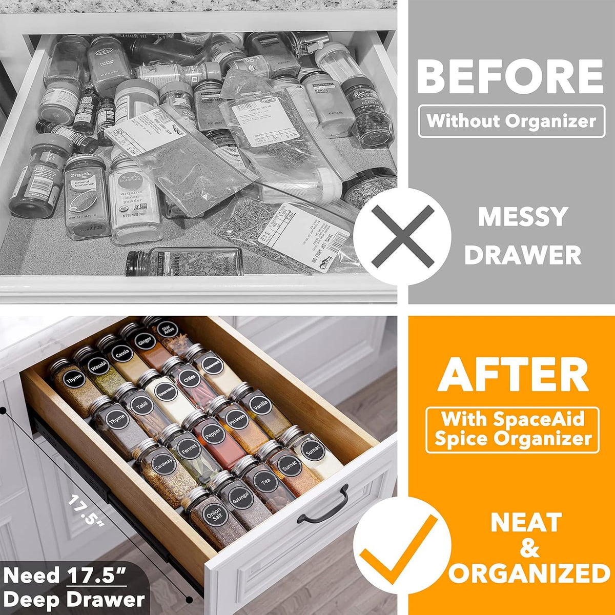 Spice Drawer Organizer with 28 Spice Jars, 386 Spice Labels, 4 Tier Seasoning Rack Tray Insert for Kitchen Drawers, 13" Wide x 17.5" Deep