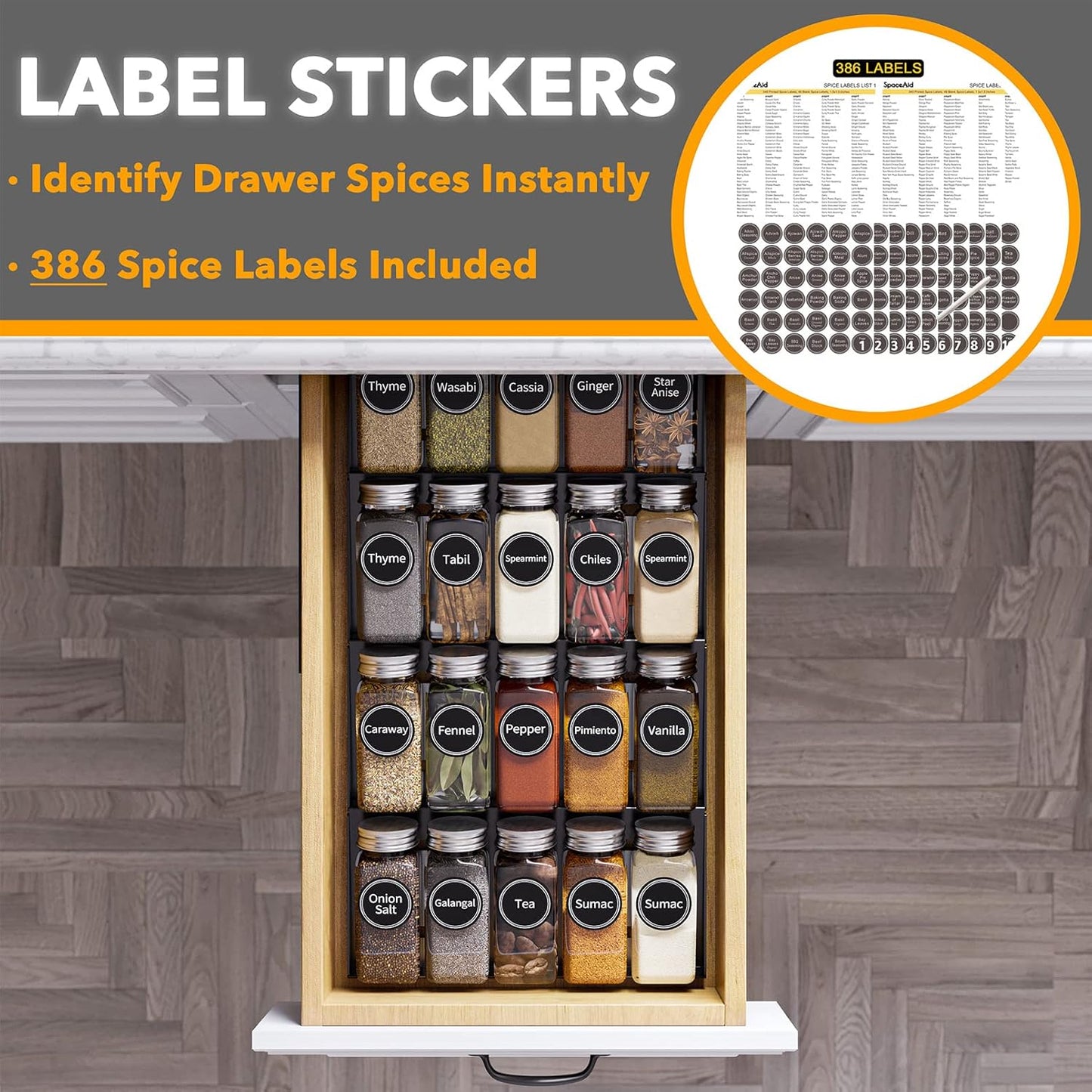 Spice Drawer Organizer with 28 Spice Jars, 386 Spice Labels, 4 Tier Seasoning Rack Tray Insert for Kitchen Drawers, 13" Wide x 17.5" Deep