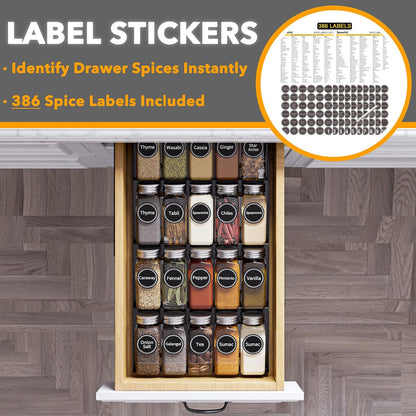 Spice Drawer Organizer with 28 Spice Jars, 386 Spice Labels, 4 Tier Seasoning Rack Tray Insert for Kitchen Drawers, 13" Wide x 17.5" Deep
