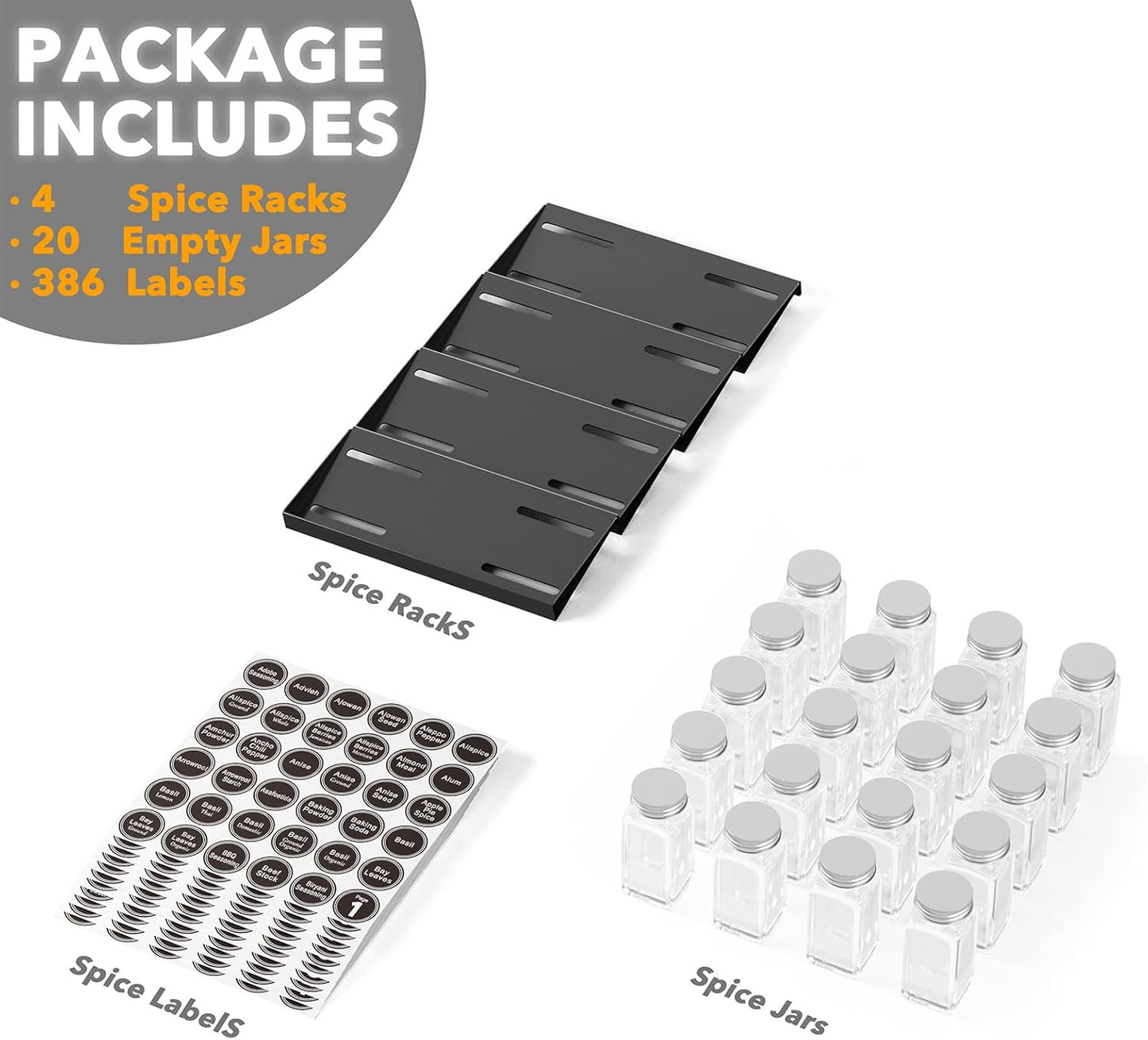 Spice Drawer Organizer with 28 Spice Jars, 386 Spice Labels, 4 Tier Seasoning Rack Tray Insert for Kitchen Drawers, 13" Wide x 17.5" Deep