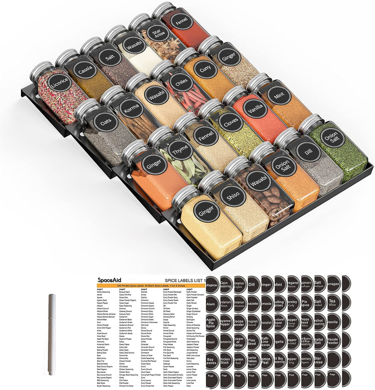 Spice Drawer Organizer with 28 Spice Jars, 386 Spice Labels, 4 Tier Seasoning Rack Tray Insert for Kitchen Drawers, 13" Wide x 17.5" Deep