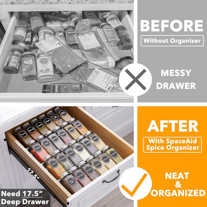 Spice Drawer Organizer with 28 Spice Jars, 386 Spice Labels, 4 Tier Seasoning Rack Tray Insert for Kitchen Drawers, 13" Wide x 17.5" Deep
