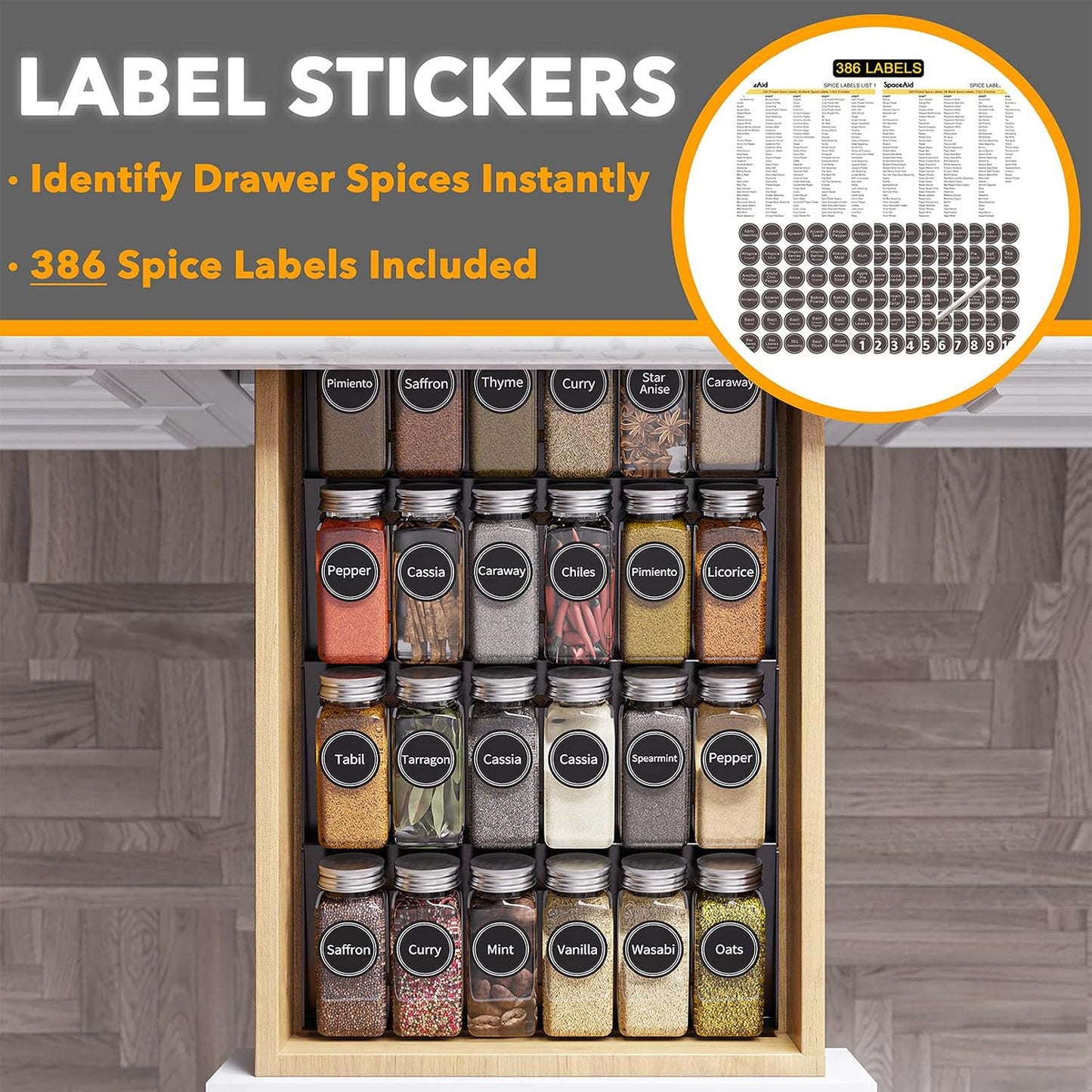 Spice Drawer Organizer with 28 Spice Jars, 386 Spice Labels, 4 Tier Seasoning Rack Tray Insert for Kitchen Drawers, 13" Wide x 17.5" Deep