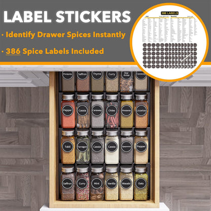 Spice Drawer Organizer with 28 Spice Jars, 386 Spice Labels, 4 Tier Seasoning Rack Tray Insert for Kitchen Drawers, 13" Wide x 17.5" Deep
