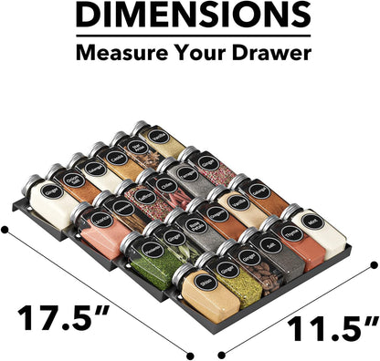 Spice Drawer Organizer with 28 Spice Jars, 386 Spice Labels, 4 Tier Seasoning Rack Tray Insert for Kitchen Drawers, 13" Wide x 17.5" Deep