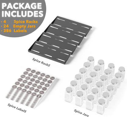 Spice Drawer Organizer with 28 Spice Jars, 386 Spice Labels, 4 Tier Seasoning Rack Tray Insert for Kitchen Drawers, 13" Wide x 17.5" Deep