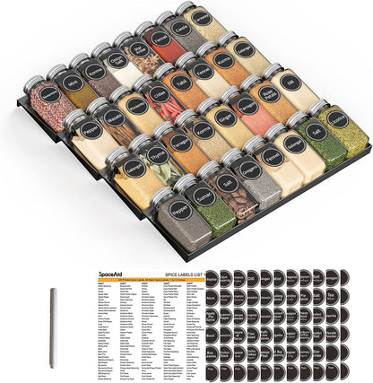 Spice Drawer Organizer with 28 Spice Jars, 386 Spice Labels, 4 Tier Seasoning Rack Tray Insert for Kitchen Drawers, 13" Wide x 17.5" Deep