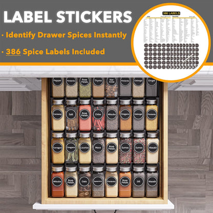 Spice Drawer Organizer with 28 Spice Jars, 386 Spice Labels, 4 Tier Seasoning Rack Tray Insert for Kitchen Drawers, 13" Wide x 17.5" Deep