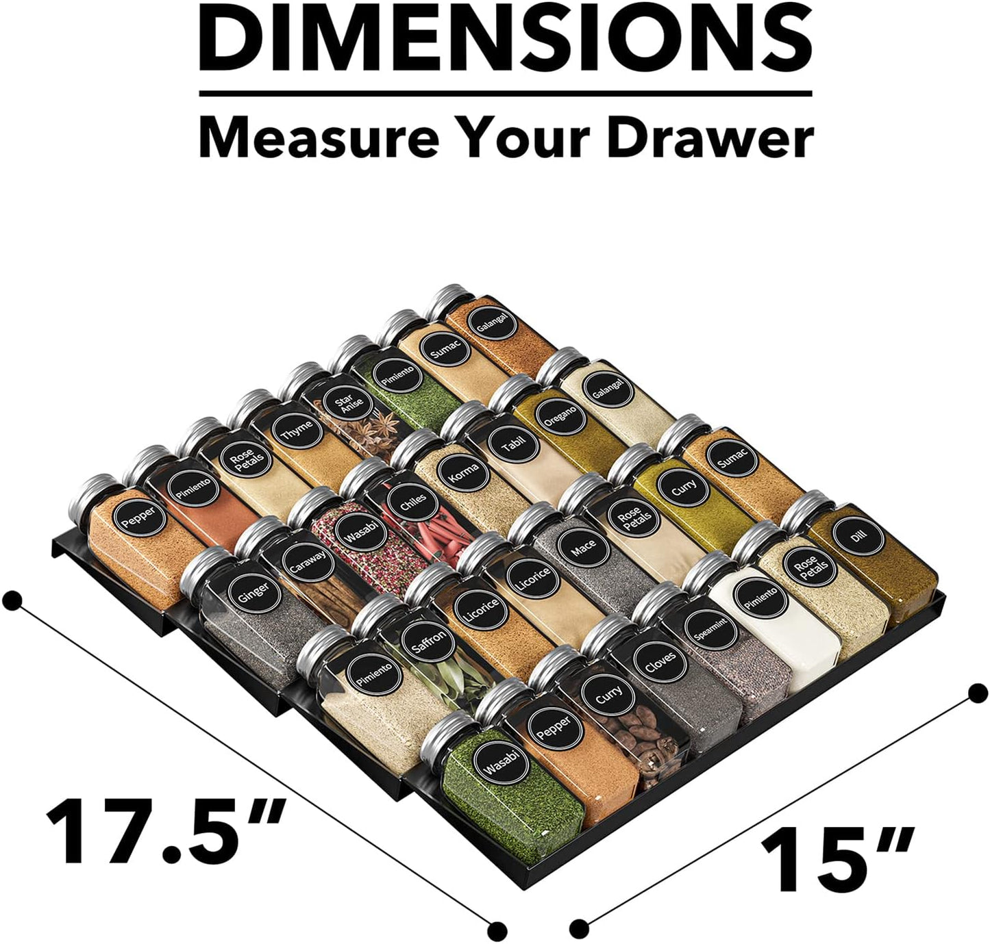 Spice Drawer Organizer with 28 Spice Jars, 386 Spice Labels, 4 Tier Seasoning Rack Tray Insert for Kitchen Drawers, 13" Wide x 17.5" Deep