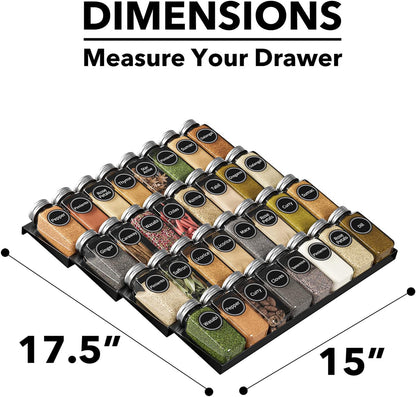 Spice Drawer Organizer with 28 Spice Jars, 386 Spice Labels, 4 Tier Seasoning Rack Tray Insert for Kitchen Drawers, 13" Wide x 17.5" Deep