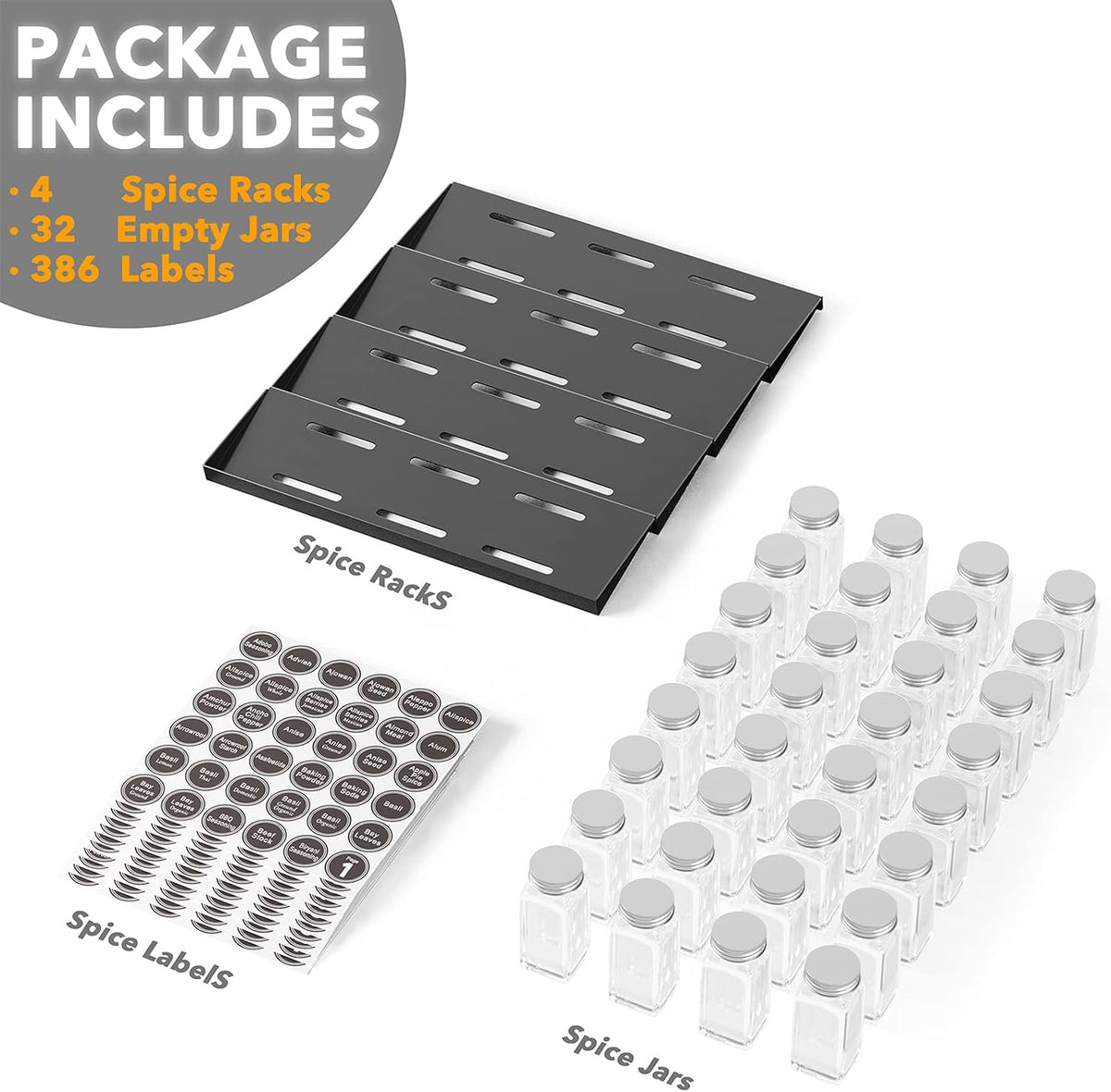 Spice Drawer Organizer with 28 Spice Jars, 386 Spice Labels, 4 Tier Seasoning Rack Tray Insert for Kitchen Drawers, 13" Wide x 17.5" Deep