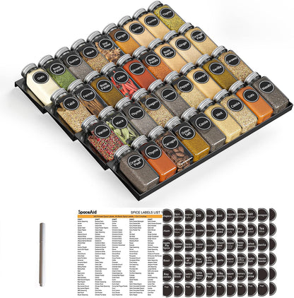 Spice Drawer Organizer with 28 Spice Jars, 386 Spice Labels, 4 Tier Seasoning Rack Tray Insert for Kitchen Drawers, 13" Wide x 17.5" Deep