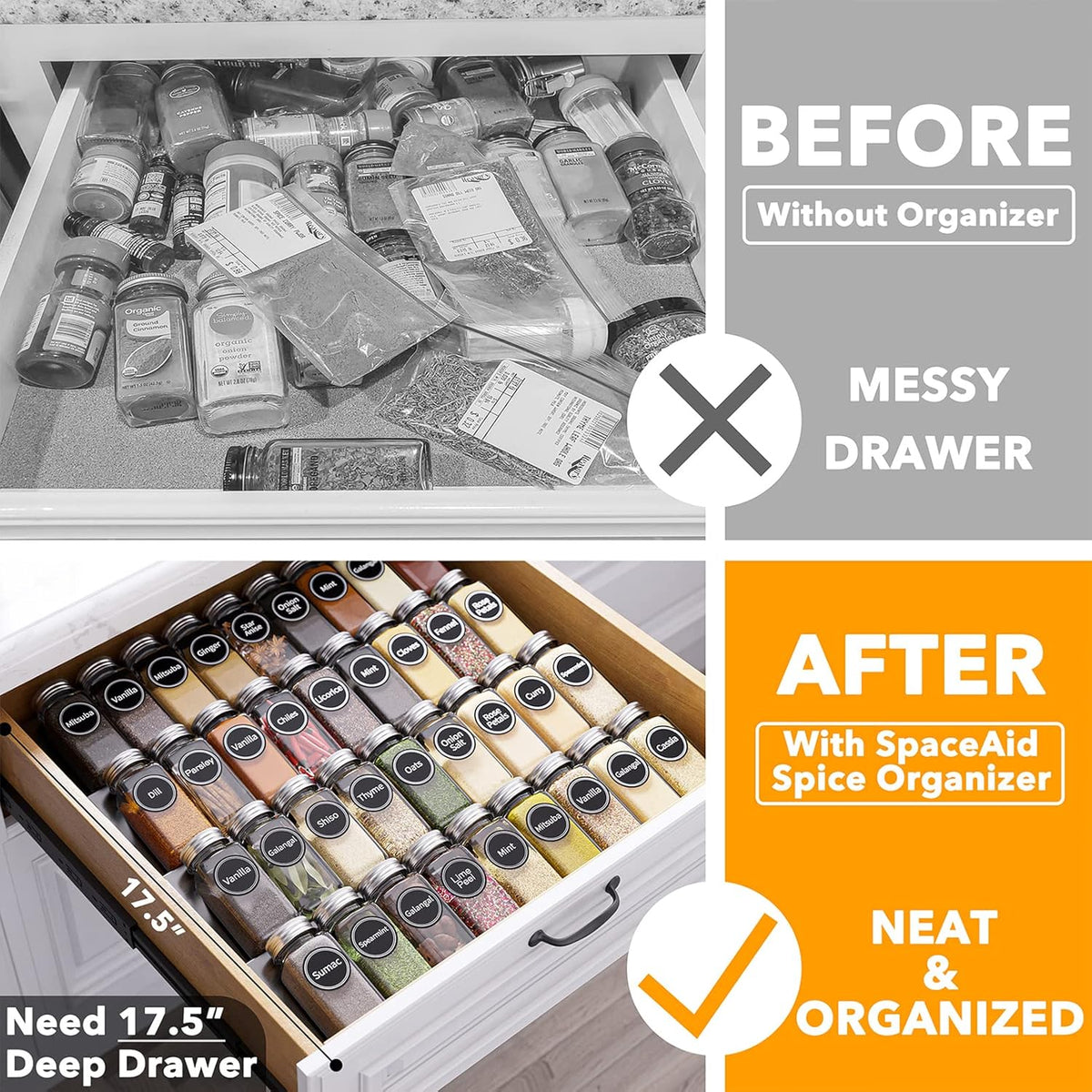 Spice Drawer Organizer with 28 Spice Jars, 386 Spice Labels, 4 Tier Seasoning Rack Tray Insert for Kitchen Drawers, 13" Wide x 17.5" Deep