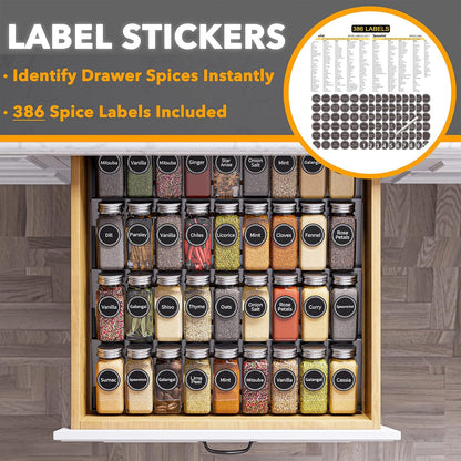 Spice Drawer Organizer with 28 Spice Jars, 386 Spice Labels, 4 Tier Seasoning Rack Tray Insert for Kitchen Drawers, 13" Wide x 17.5" Deep