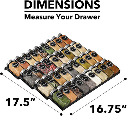 Spice Drawer Organizer with 28 Spice Jars, 386 Spice Labels, 4 Tier Seasoning Rack Tray Insert for Kitchen Drawers, 13" Wide x 17.5" Deep