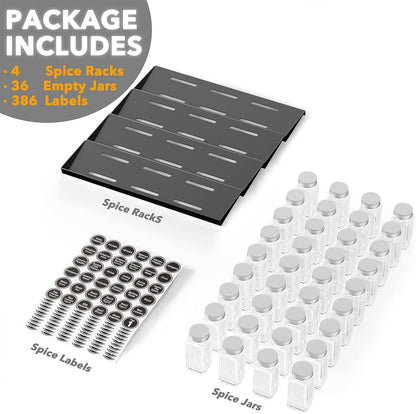 Spice Drawer Organizer with 28 Spice Jars, 386 Spice Labels, 4 Tier Seasoning Rack Tray Insert for Kitchen Drawers, 13" Wide x 17.5" Deep