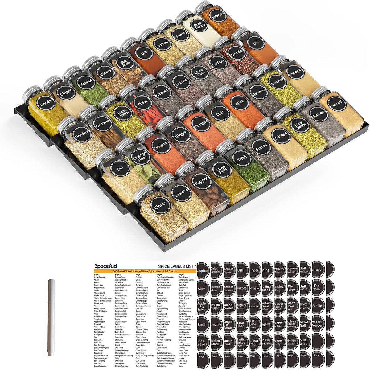 Spice Drawer Organizer with 28 Spice Jars, 386 Spice Labels, 4 Tier Seasoning Rack Tray Insert for Kitchen Drawers, 13" Wide x 17.5" Deep