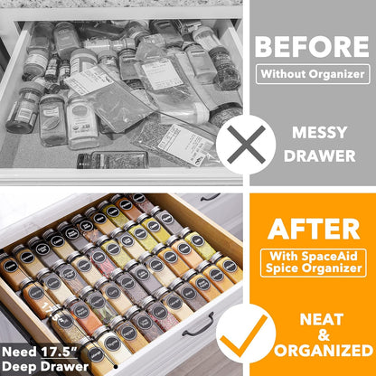 Spice Drawer Organizer with 28 Spice Jars, 386 Spice Labels, 4 Tier Seasoning Rack Tray Insert for Kitchen Drawers, 13" Wide x 17.5" Deep