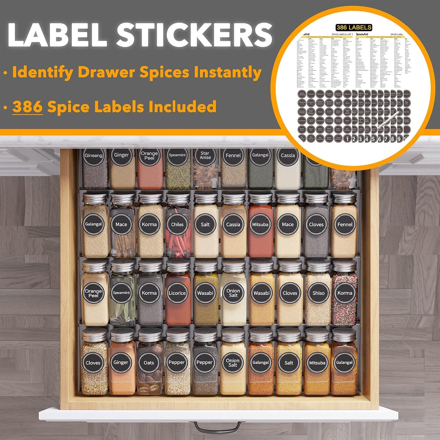 Spice Drawer Organizer with 28 Spice Jars, 386 Spice Labels, 4 Tier Seasoning Rack Tray Insert for Kitchen Drawers, 13" Wide x 17.5" Deep
