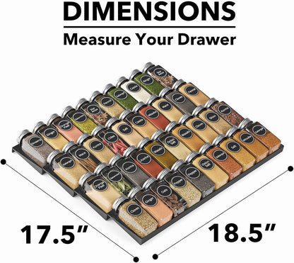 Spice Drawer Organizer with 28 Spice Jars, 386 Spice Labels, 4 Tier Seasoning Rack Tray Insert for Kitchen Drawers, 13" Wide x 17.5" Deep