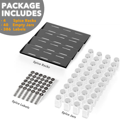 Spice Drawer Organizer with 28 Spice Jars, 386 Spice Labels, 4 Tier Seasoning Rack Tray Insert for Kitchen Drawers, 13" Wide x 17.5" Deep