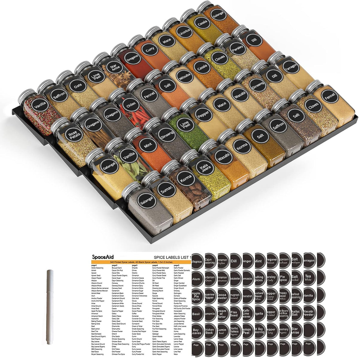 Spice Drawer Organizer with 28 Spice Jars, 386 Spice Labels, 4 Tier Seasoning Rack Tray Insert for Kitchen Drawers, 13" Wide x 17.5" Deep