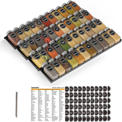 Spice Drawer Organizer with 28 Spice Jars, 386 Spice Labels, 4 Tier Seasoning Rack Tray Insert for Kitchen Drawers, 13" Wide x 17.5" Deep