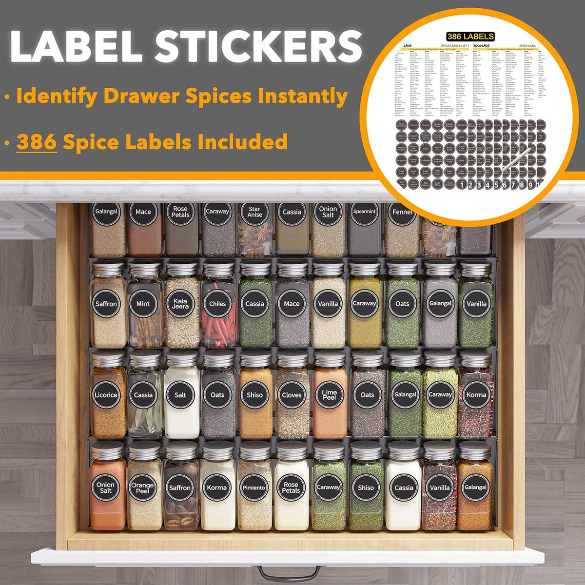 Spice Drawer Organizer with 28 Spice Jars, 386 Spice Labels, 4 Tier Seasoning Rack Tray Insert for Kitchen Drawers, 13" Wide x 17.5" Deep