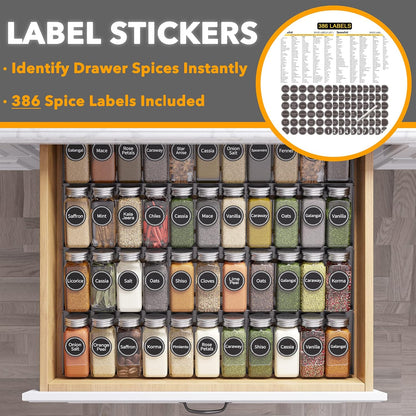 Spice Drawer Organizer with 28 Spice Jars, 386 Spice Labels, 4 Tier Seasoning Rack Tray Insert for Kitchen Drawers, 13" Wide x 17.5" Deep