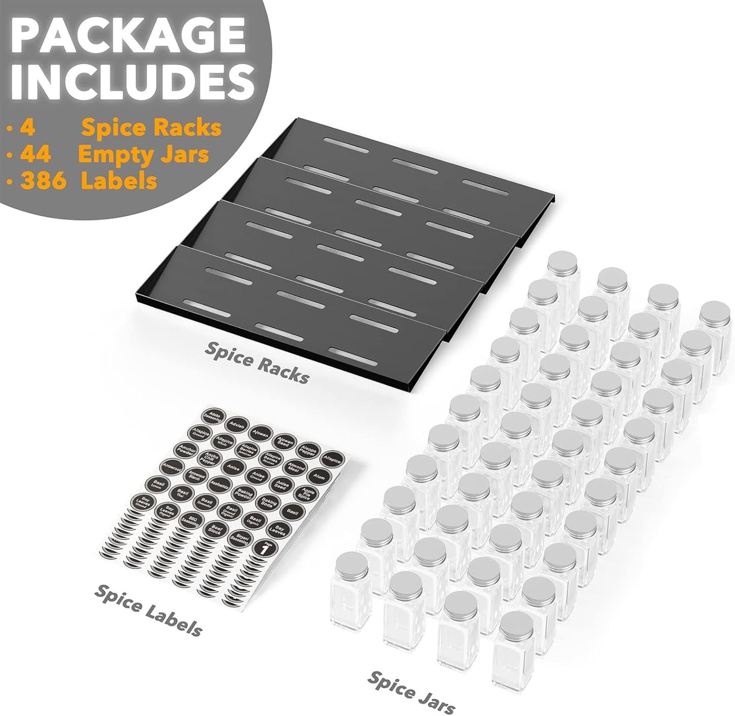 Spice Drawer Organizer with 28 Spice Jars, 386 Spice Labels, 4 Tier Seasoning Rack Tray Insert for Kitchen Drawers, 13" Wide x 17.5" Deep