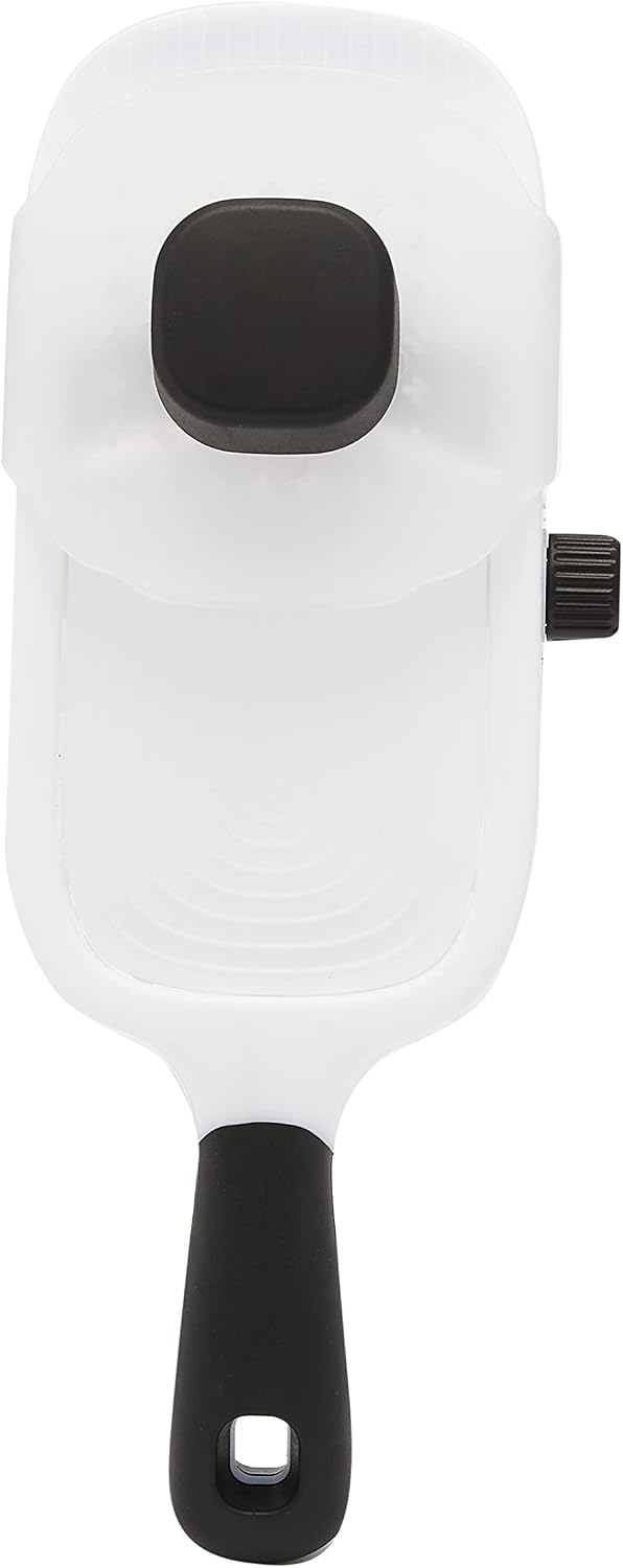 Hand-held Safe Mandoline Slicer for Vegetables and Fruits, Adjustable Thickness, Stainless Steel Blade, White, 11.3" x 4.5" x 2.5"