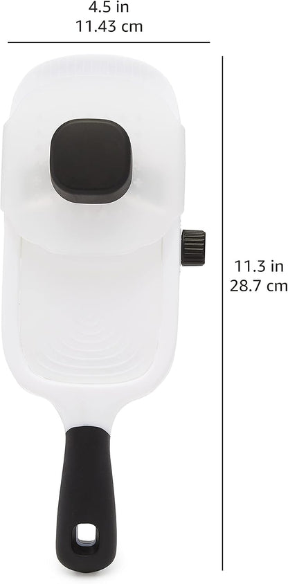 Hand-held Safe Mandoline Slicer for Vegetables and Fruits, Adjustable Thickness, Stainless Steel Blade, White, 11.3" x 4.5" x 2.5"