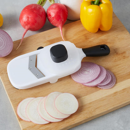 Hand-held Safe Mandoline Slicer for Vegetables and Fruits, Adjustable Thickness, Stainless Steel Blade, White, 11.3" x 4.5" x 2.5"