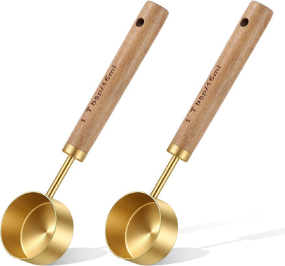 2Pcs Coffee Scoop, Gold Stainless Steel 1 Teaspoon Scoop Wood Long Handle Coffee Measuring Scoops for Coffees, Tea (15ML, 6 Inch)