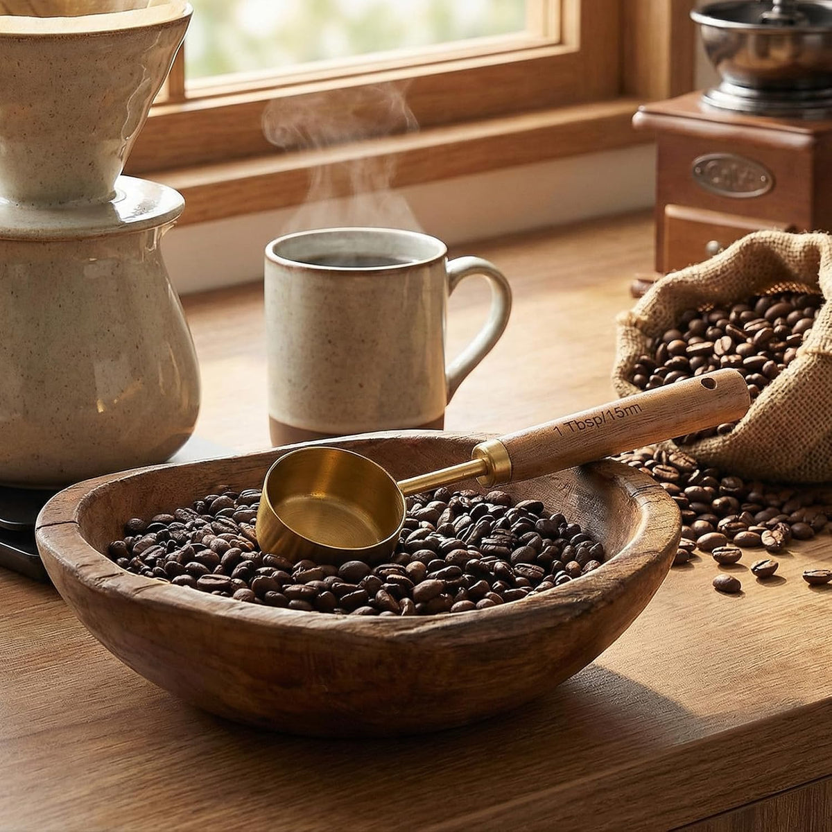 2Pcs Coffee Scoop, Gold Stainless Steel 1 Teaspoon Scoop Wood Long Handle Coffee Measuring Scoops for Coffees, Tea (15ML, 6 Inch)