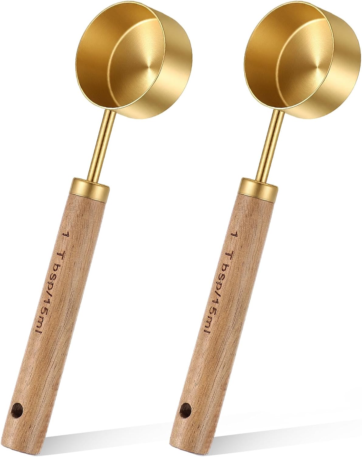 2Pcs Coffee Scoop, Gold Stainless Steel 1 Teaspoon Scoop Wood Long Handle Coffee Measuring Scoops for Coffees, Tea (15ML, 6 Inch)