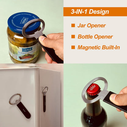 Magnetic Jar Opener Gripper, Jar Openers Top Rated For Seniors Weak Hands, Bottle Opener Built-In, 2-IN-1 Jar & Bottle Opener x 1, Black, Rubber Jar Openers Gripper x 4