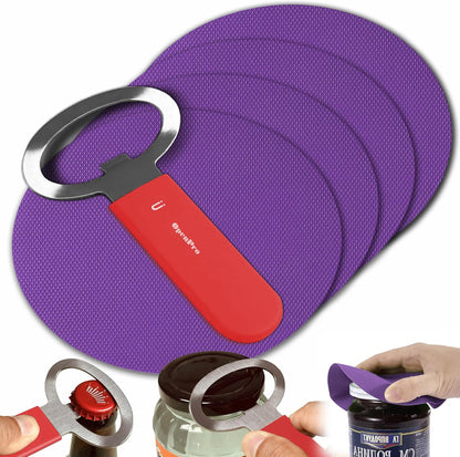 Magnetic Jar Opener Gripper, Jar Openers Top Rated For Seniors Weak Hands, Bottle Opener Built-In, 2-IN-1 Jar & Bottle Opener x 1, Black, Rubber Jar Openers Gripper x 4