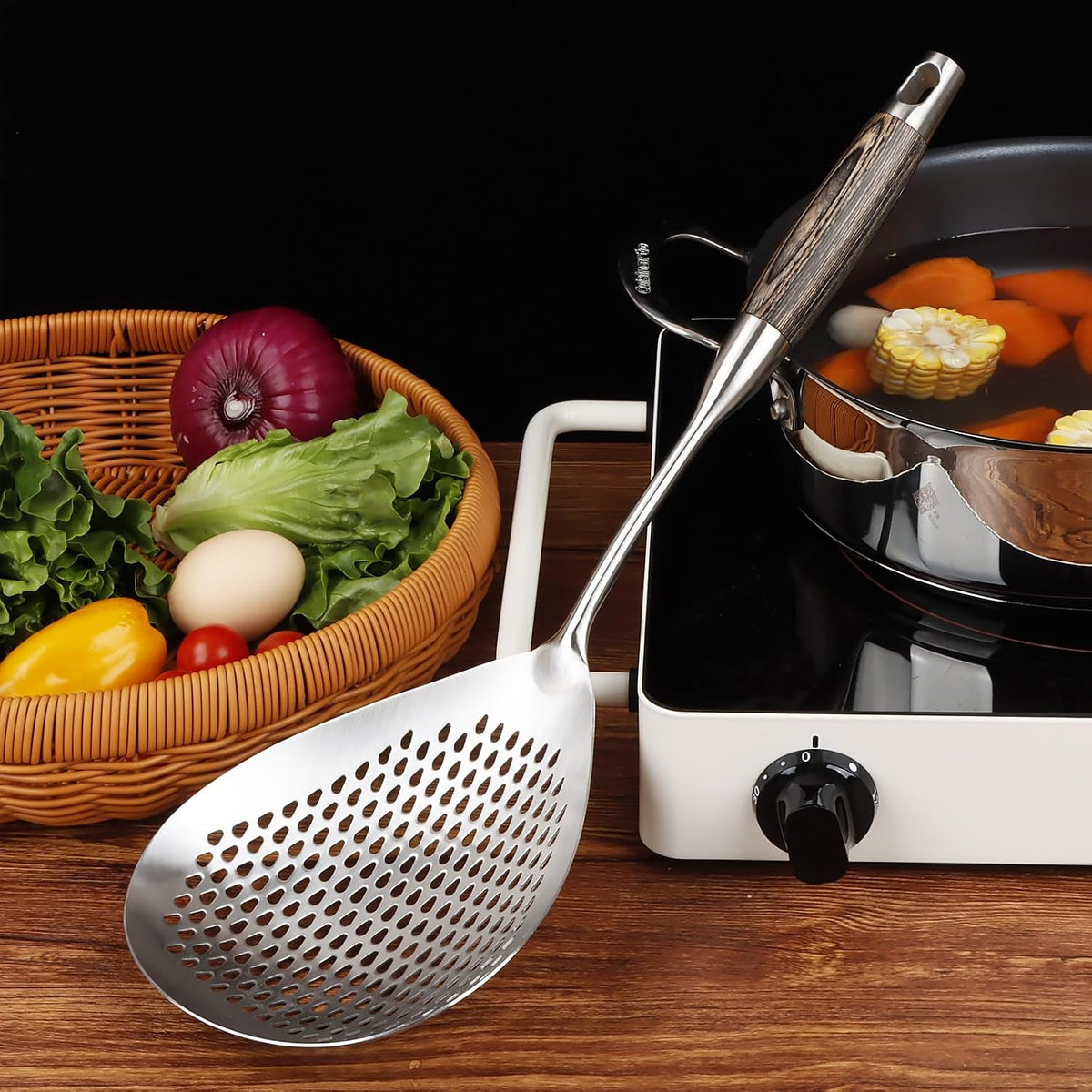 304 Stainless Steel Skimmer Slotted Spoon, Spider Strainer Skimmer Ladle Spoon for Cooking and Frying, Pasta, Spaghetti, 5.8 inch, Dishwasher safe