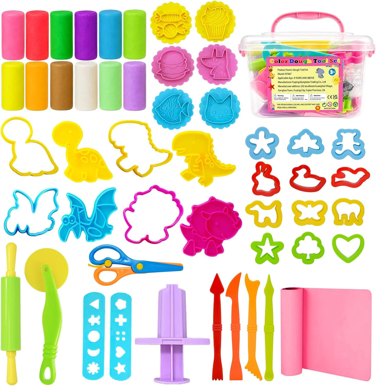 Dough Play Tools Set for Kids, Dough Tools Sets, Accessories Includes Storage Box, Dough Mat, Extruderl, Cutters Roller, Rolling Pins, Educational Toys Gift for Boys Girls