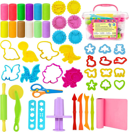 Dough Play Tools Set for Kids, Dough Tools Sets, Accessories Includes Storage Box, Dough Mat, Extruderl, Cutters Roller, Rolling Pins, Educational Toys Gift for Boys Girls