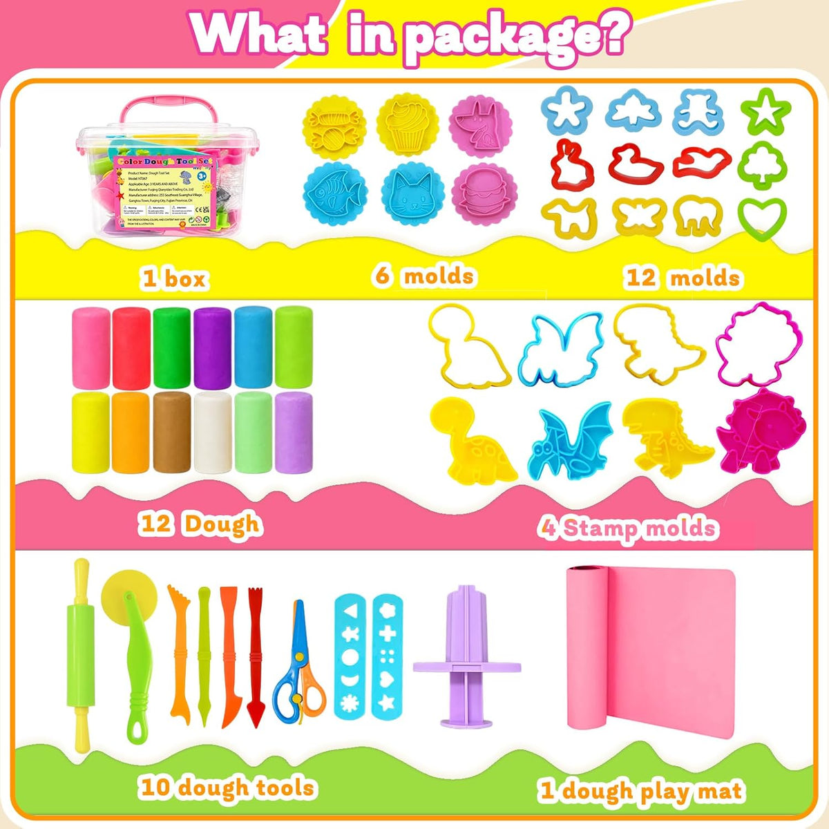 Dough Play Tools Set for Kids, Dough Tools Sets, Accessories Includes Storage Box, Dough Mat, Extruderl, Cutters Roller, Rolling Pins, Educational Toys Gift for Boys Girls
