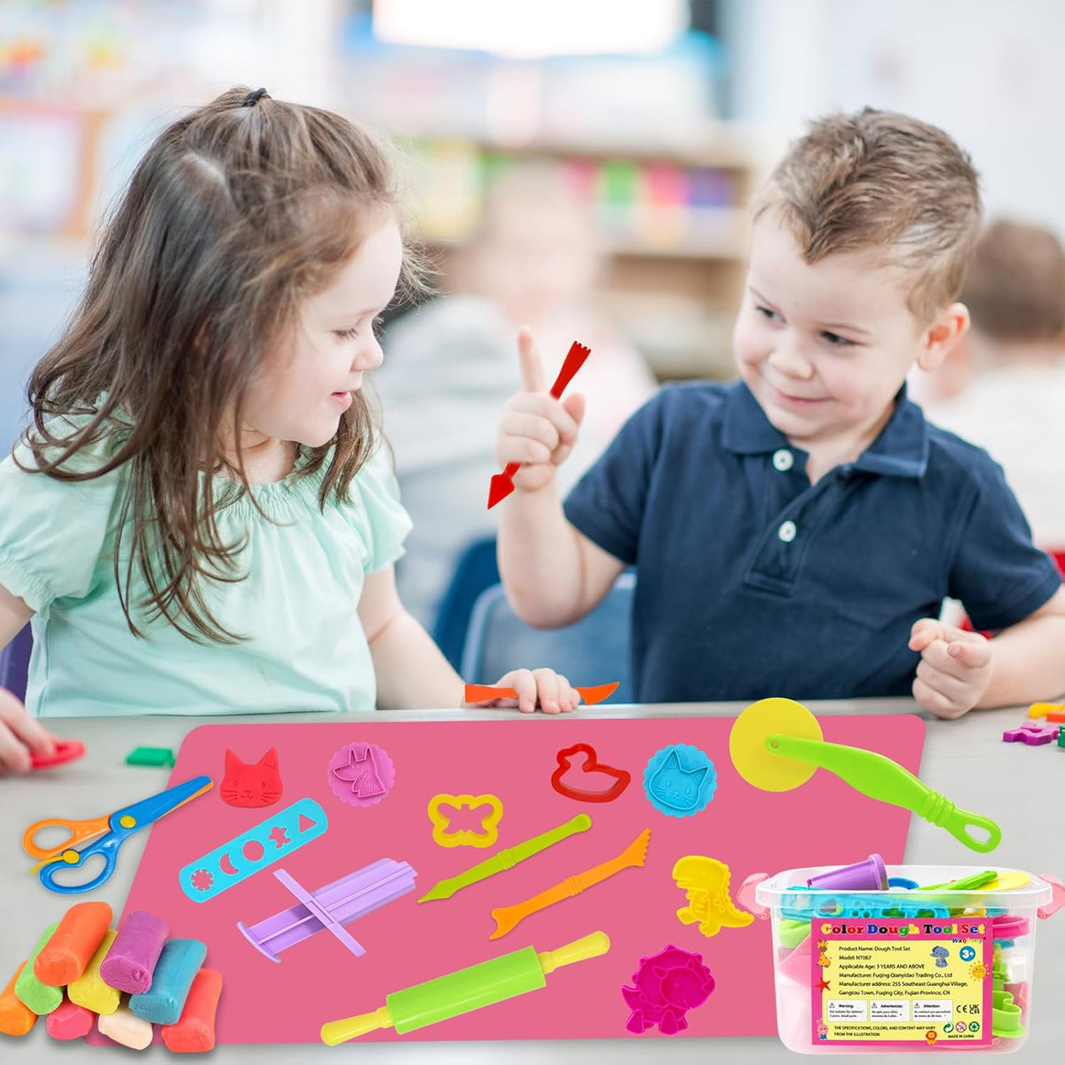 Dough Play Tools Set for Kids, Dough Tools Sets, Accessories Includes Storage Box, Dough Mat, Extruderl, Cutters Roller, Rolling Pins, Educational Toys Gift for Boys Girls