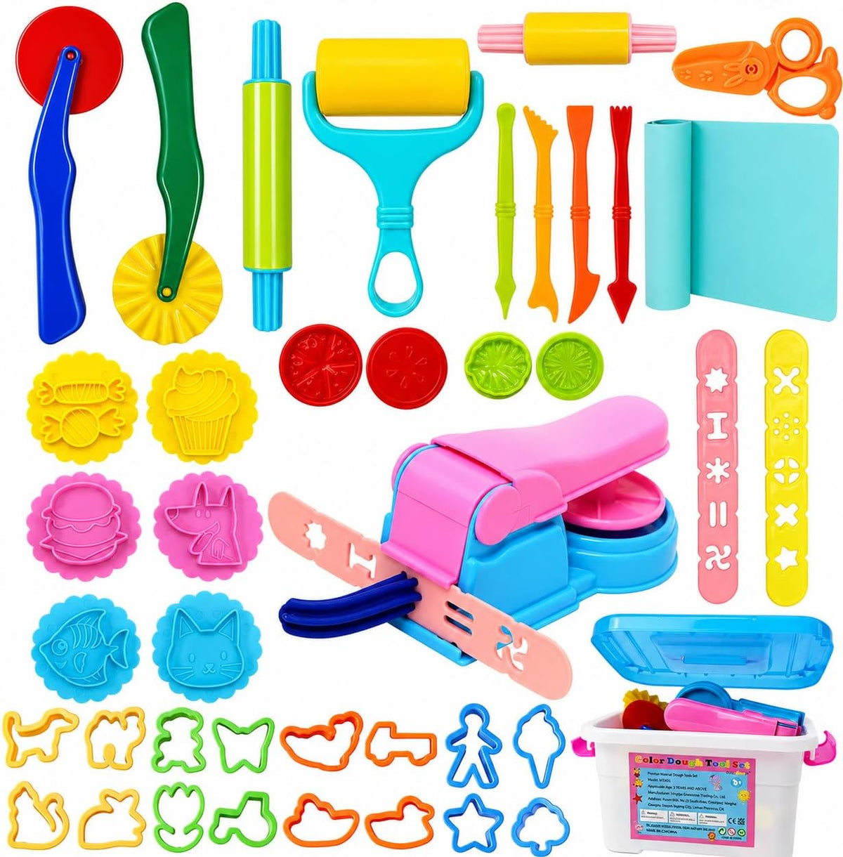 Dough Play Tools Set for Kids, Dough Tools Sets, Accessories Includes Storage Box, Dough Mat, Extruderl, Cutters Roller, Rolling Pins, Educational Toys Gift for Boys Girls