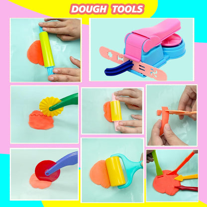 Dough Play Tools Set for Kids, Dough Tools Sets, Accessories Includes Storage Box, Dough Mat, Extruderl, Cutters Roller, Rolling Pins, Educational Toys Gift for Boys Girls