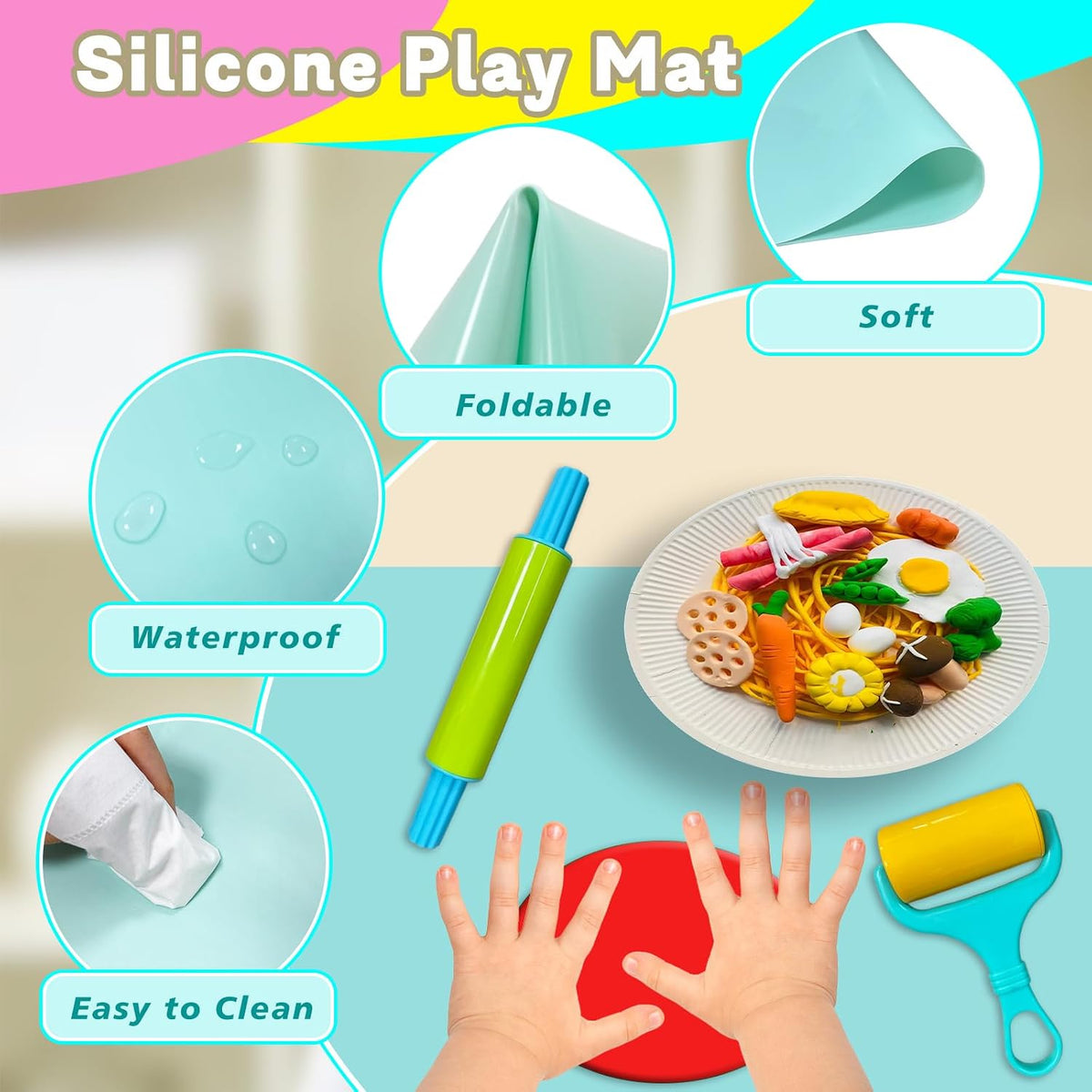 Dough Play Tools Set for Kids, Dough Tools Sets, Accessories Includes Storage Box, Dough Mat, Extruderl, Cutters Roller, Rolling Pins, Educational Toys Gift for Boys Girls